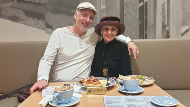 Holland Park couple Chris Sharman and Michele Sinclair were happily eating their first brunch out in eight weeks. They hope to soon go back to the cinemas and jive dance socially as restrictions ease.