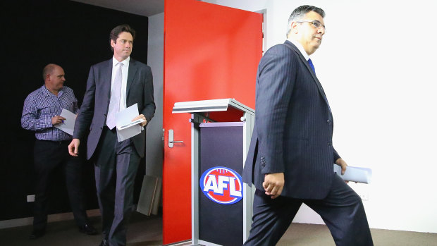 The then AFL CEO Andrew Demetriou and Gillon McLachlan in 2014.