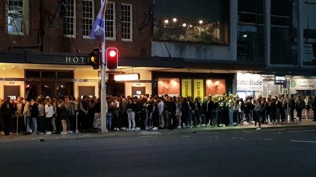 The line outside The Golden Sheaf in Double Bay on Wednesday night.