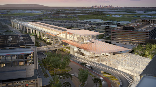 An artist’s impression of a proposed elevated rail station at Melbourne Airport when a new link to the CBD is built, which could now be delayed for years.