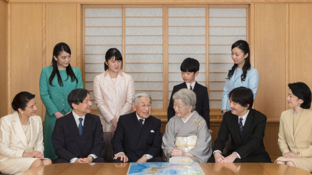 Japanese Emperor Akihito, seated third from left, and Empress Michiko, seated fourth from left, and family pose for a New Year photo at the Imperial Palace in Tokyo. Prince Hisahito is behind his grandmother, the Empress. 