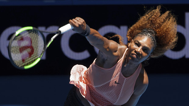 Slow start: Serena Williams serves against Maria Sakkari of Greece at the Hopman Cup in Perth.