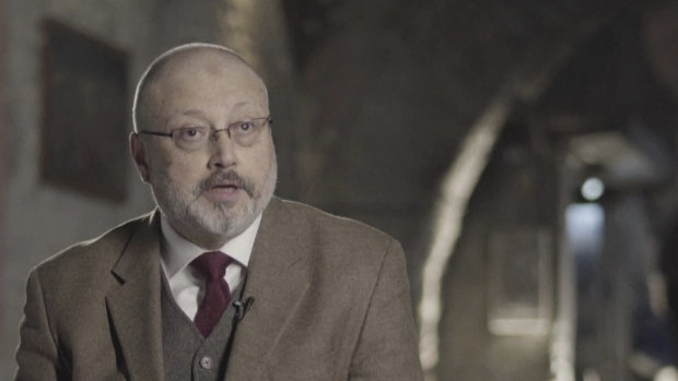 In this image made from a March 2018 video provided by Metafora Production, Jamal Khashoggi speaks during an interview at an undisclosed location two weeks before he was murdered.