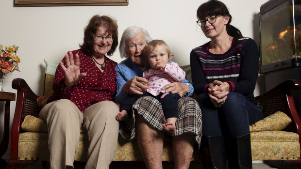The four generations of Brewers, Christine Moroney, 63, Norah Richards, 15 months, Dorothy Brewer, 96, and Jocelyn Brewer, 40, try to spend time together regularly.