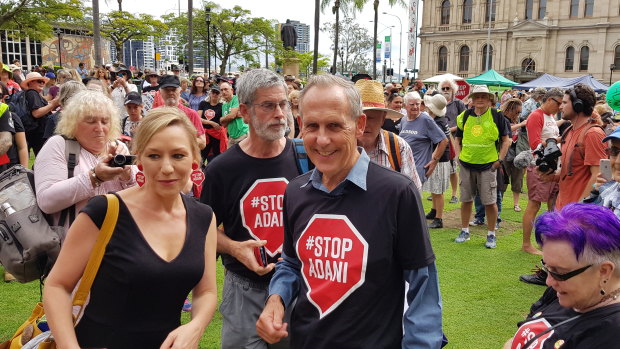 Former Greens Leader Bob Brown and Queensland Greens Senator Larissa Waters at the anti-Adani convoy's Brisbane rally.