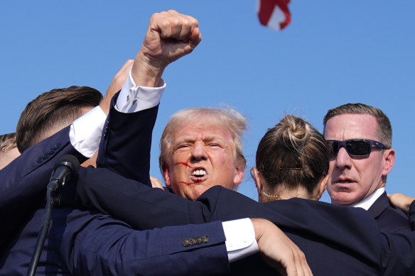 Donald Trump is surrounded by Secret Service agents after the shooting at a rally in Butler, Pennsylvania.