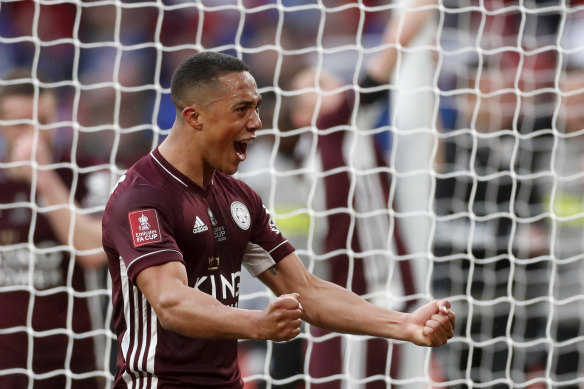 Leicester’s Youri Tielemans celebrates after winning the FA Cup final.