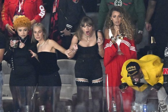 Taylor Swift (centre) wearing a corset by Australian designer Dion Lee at the Super Bowl on February 11, 2024.