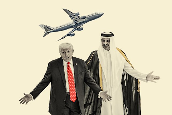 A composite image of Donald Trump and the Emir of Qatar, Sheikh Tamim bin Hamad al-Thani, with a private jet in the background.