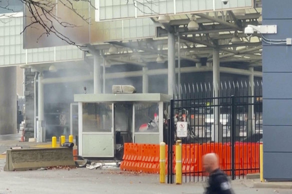 Smoke billows from a checkpoint at the Rainbow Bridge in Niagara Falls, New York. 