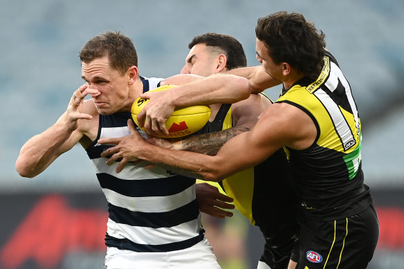 Joel Selwood’s toughness has been a trademark of his game throughout his AFL career.