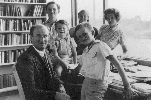 Manning, Sebastian, Andrew, Axel, Katerina and Dymphna Clark, in the Study at Tasmania Circle, Canberra, 1955.