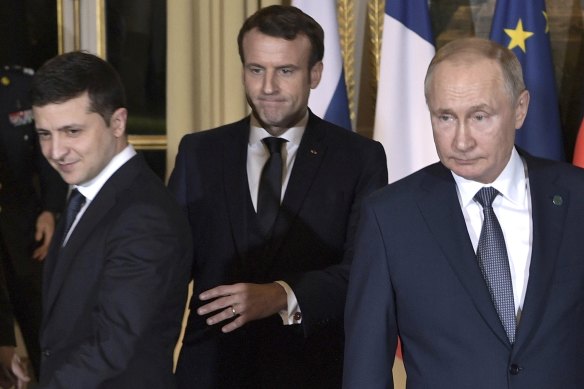 Zelensky at a meeting with French President Emmanuel Macron and Russian President Vladimir Putinin 2019.