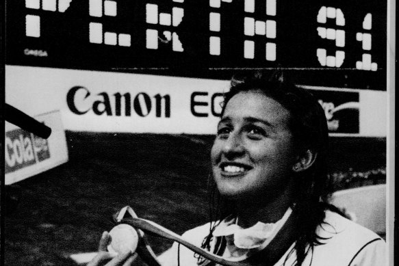 Hayley Lewis with her gold medal at the Swimming World Championship, Perth Superdrome, in January 1991.