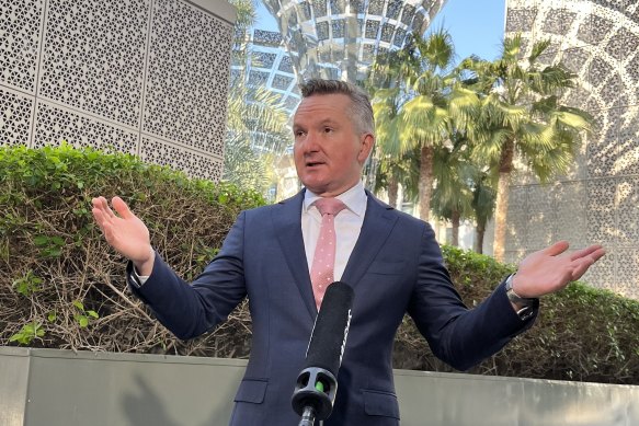 Climate Change Minister Chris Bowen speaking to reporters at COP28 in Dubai.