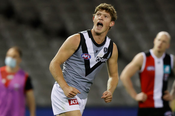 Mitch Georgiades celebrates one of his four goals.