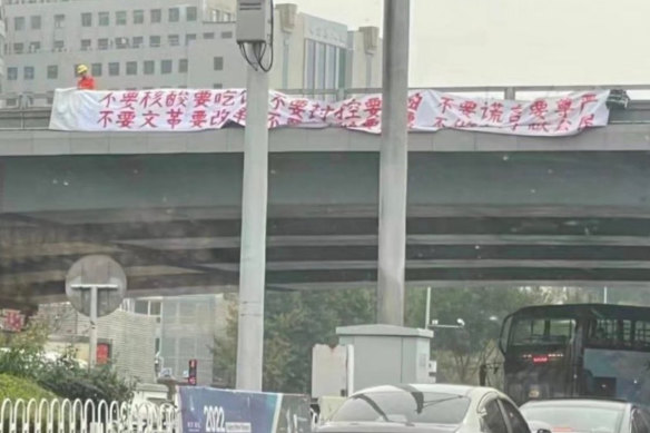 Peng Lifa with his banners on the Beijing overpass in October.