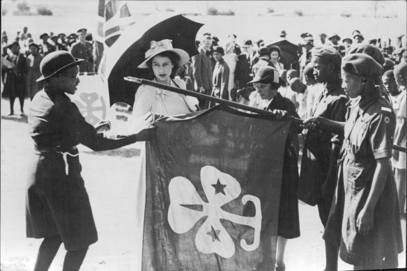 Princess Elizabeth at a Girl Guide parade in Maseru, South Africa, during her 1947 tour. 