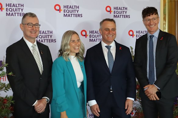 Health Equity Matters president Mark Orr, ALP Member for Griffith Renee Coffey, Liberal MP for Goldstein Tim Wilson and  Health Equity Matters CEO Dash Heath-Paynter at Thursday’s World AIDS Day parliamentary breakfast.