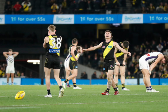 Noah Cumberland (left) and Liam Baker react after the final siren.