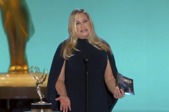 Jennifer Coolidge presents the award for outstanding lead actor in a comedy series during the Emmy Awards.