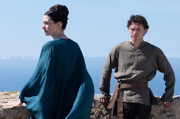 Anne Hathaway and Tom Holland as the wife and son Odysseus is striving to return to in The Odyssey.