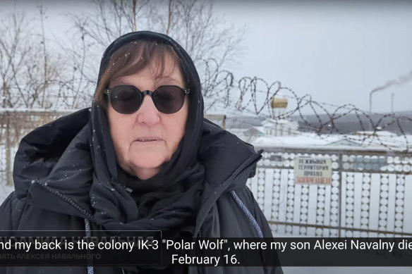 Russian Opposition Leader Alexei Navalny’s mother Lyudmila Navalnaya speaks near the prison colony in the town of Kharp, Russia.