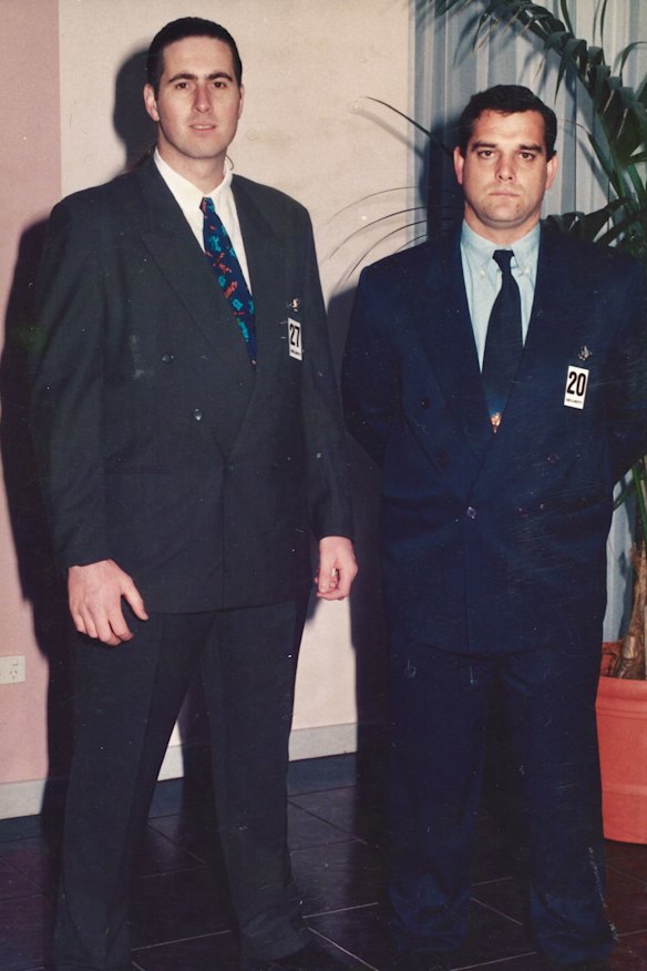 Gavin Reid (left) in his bodyguard days of the late ’90s with his former karate instructor Rod Woods, who introduced him to the security industry.