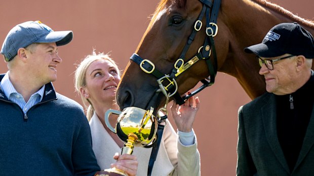 Calvin McEvoy (left), Jamie Melham and Tony McEvoy with Melbourne Cup winner Half Yours.
