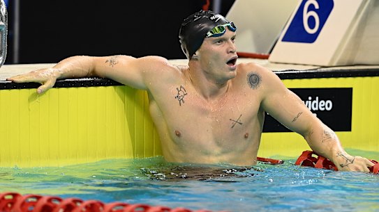 Cody Simpson catches his breath after finishing third in the men’s 100-metre butterfly final during day one of the 2022 Australian Swimming Championships