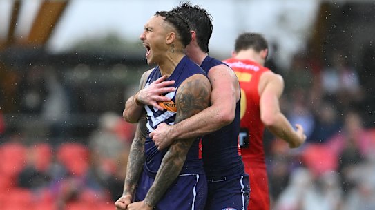 Shai Bolton celebrates kicking a goal during Fremantle’s win over Gold Coast in May. 