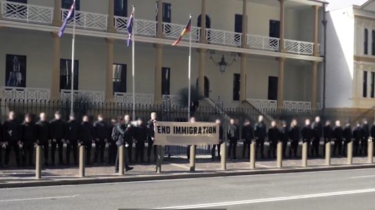 Sydney neo-Nazi leader Jack Eltis and White Australia members on the steps of NSW Parliament House in late June.