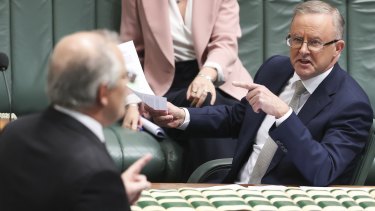 Prime Minister Scott Morrison and Opposition Leader Anthony Albanese  during question time.