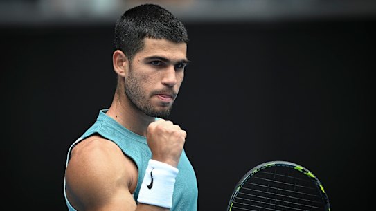 Carlos Alcaraz in action on Margaret Court Arena.