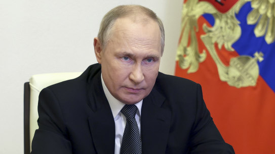 Russian President Vladimir Putin chairs a Security Council meeting via videoconference on Wednesday.
