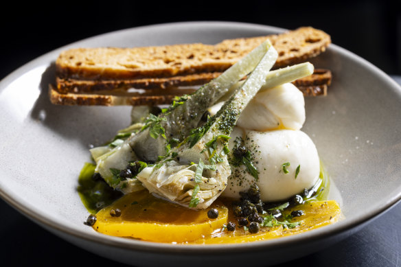 Burrata with artichoke and fried capers.