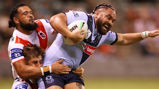 Konrad Hurrell makes a powerful charge for St Helens on the weekend.