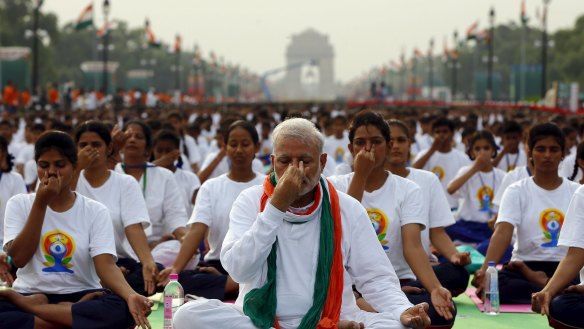 Prime Minister Narendra Modi leads a yoga session to mark the International Day of Yoga, in New Delhi in 2015.