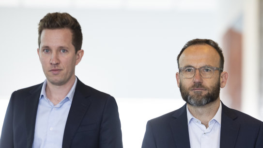 Max Chandler-Mather with Greens party leader Adam Bandt.