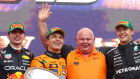Max Verstappen, Lando Norris, McLaren chief designer Rob Marshall, and George Russell on the podium after a stunning Australian Grand Prix.
