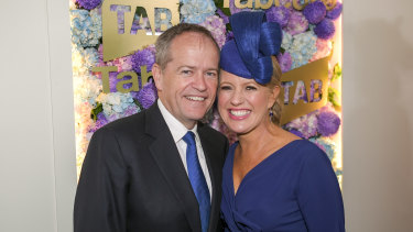 Bill and Chloe Shorten in the Tabcorp marquee at Tuesday's Melbourne Cup. 