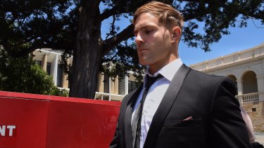 Jack de Belin departs the NSW District Court in Wollongong on Monday after a hung trial. 