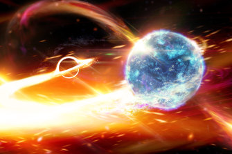 An artist's impression of a neutron star being ripped apart by a black hole. Cosmic Explorer South would witness these type of events from the entire observable universe.