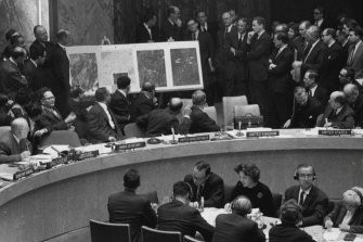 The moment at a UN Security Council meeting when the US ambassador confronted the Soviet with photographs of Russian missile sites in Cuba on November 1, 1962.