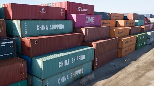 China Shipping Company and other shipping containers are stacked at the Virginia International's terminal in Portsmouth, Virginia, US.