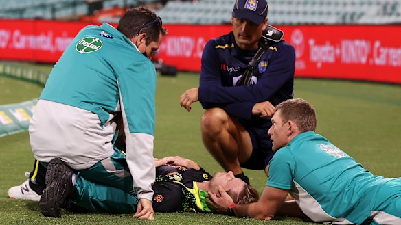Steve Smith receives treatment on the boundary after hitting his head trying to save a six.