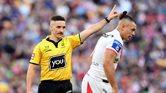 Tyrell Fuimaono was sent off the high tackle on Ryan Papenhuyzen last year.