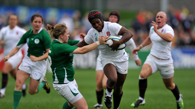 Maggie Alphonsi breaks a tackle during the 2010 Women's World Cup.
