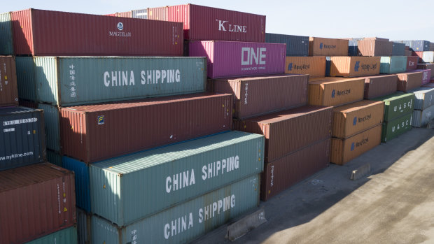 China Shipping Company and other shipping containers are stacked at the Virginia International's terminal in Portsmouth, Virginia, US.