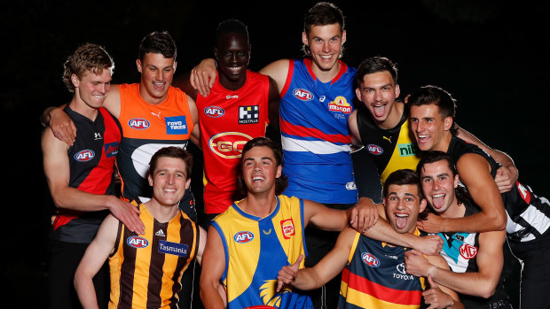 Some of last year’s first-round draftees (from top left): Ben Hobbs of the Bombers, Finn Callaghan of the Giants, Mac Andrew of the Suns, Sam Darcy of the Bulldogs, Josh Gibcus of the Tigers, Nick Daicos of the Magpies, (bottom L-R) Josh Ward of the Hawks, Campbell Chesser of the Eagles, Josh Rachele of the Crows and Josh Sinn of the Power.